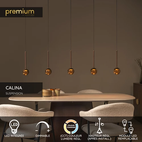 Lucide CALINA - Suspension - LED Dim. - CCT - 5x8,2W 2200K/3300K - Avec module LED remplaçable - Café - Premium - USP